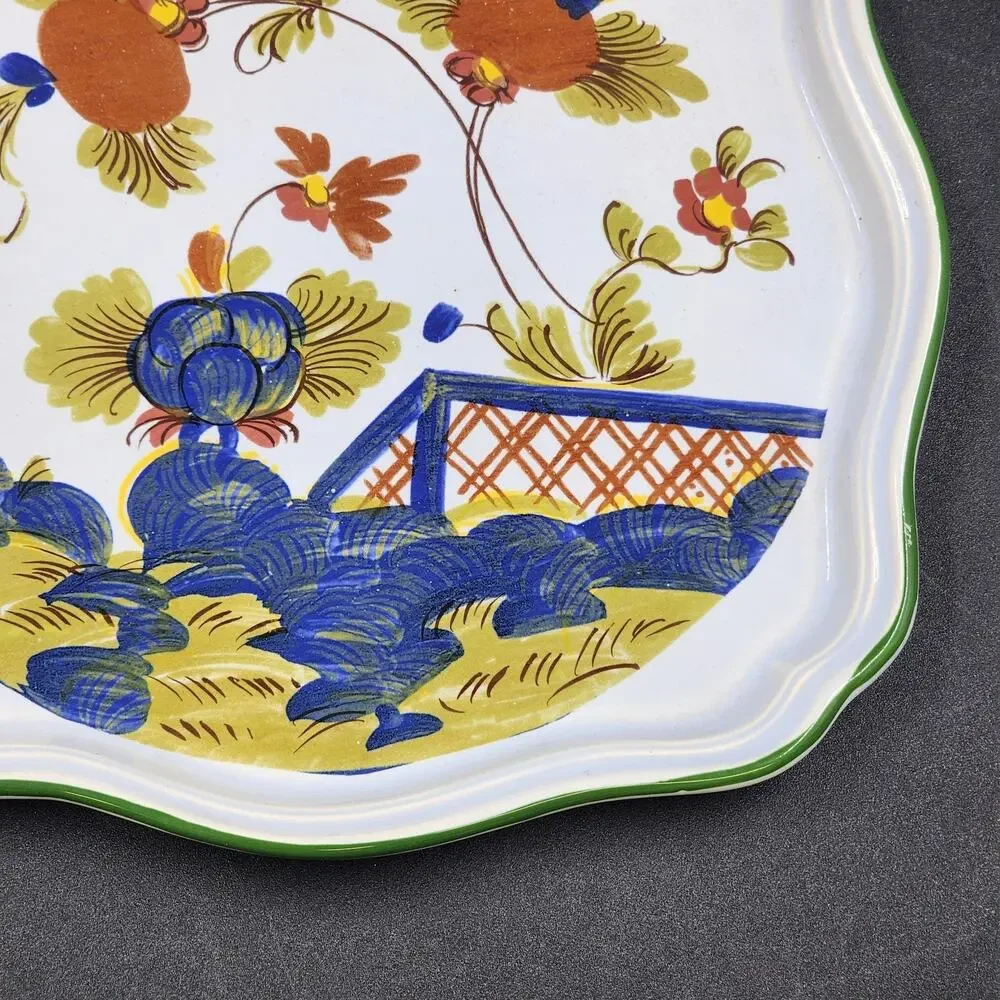 Faenza Italy Garofano Carnation Ceramic Dish Green Trim Garden Scene 8